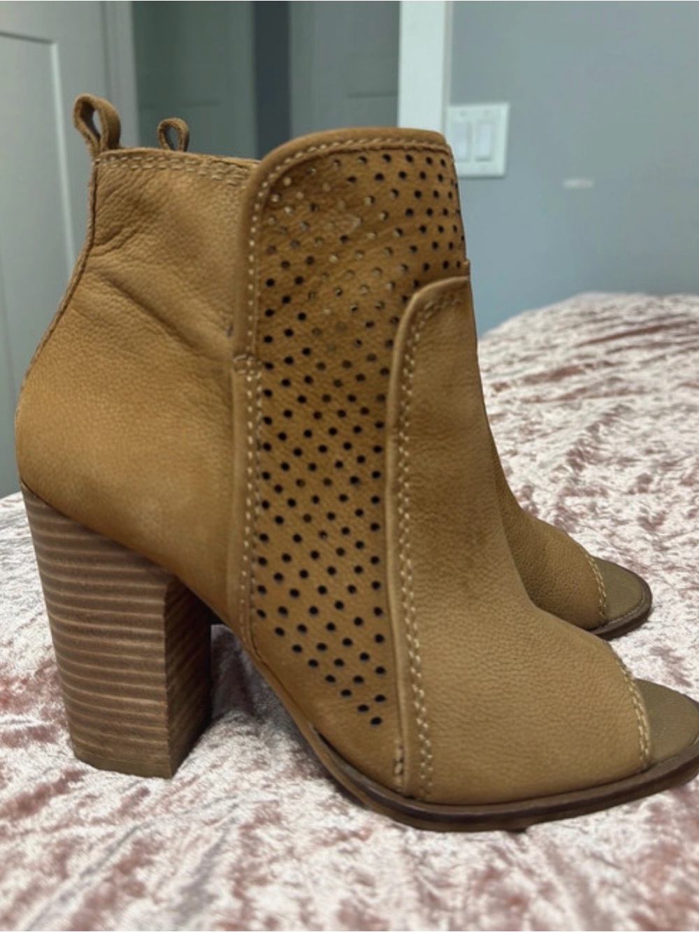 Lucky Brand Tan Perforated Peep-Toe Block Heel Booties